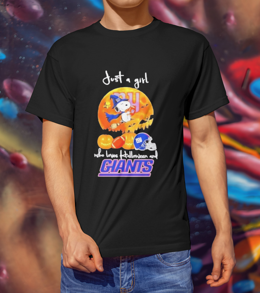 Just A Girl Who Loves Halloween New York Giants Snoopy Woodstock T-Shirt