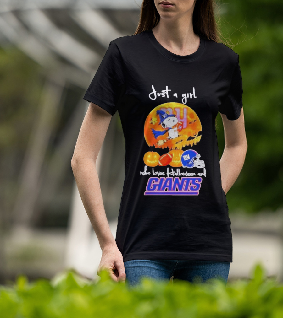 Just A Girl Who Loves Halloween New York Giants Snoopy Woodstock T-Shirt