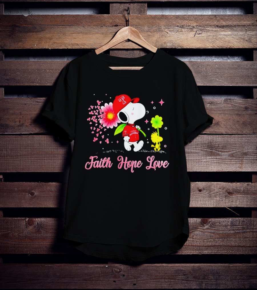 Texas Rangers Snoopy Faith Hope Love Breast Cancer Awareness 2026 T-Shirt