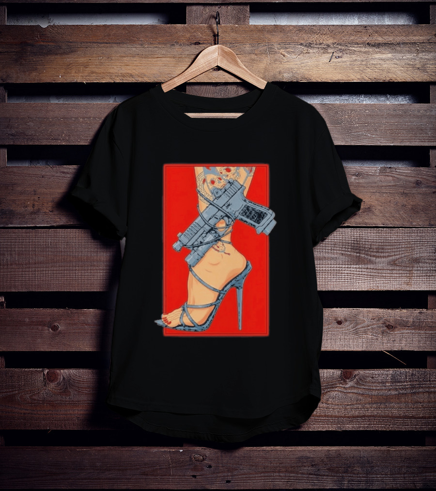 High Heel Stiletto With Gun And Tattoo Art On Red T-Shirt