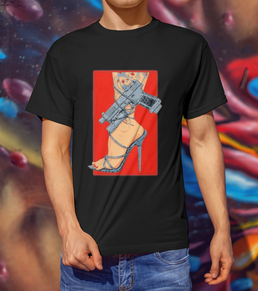 High Heel Stiletto With Gun And Tattoo Art On Red T-Shirt