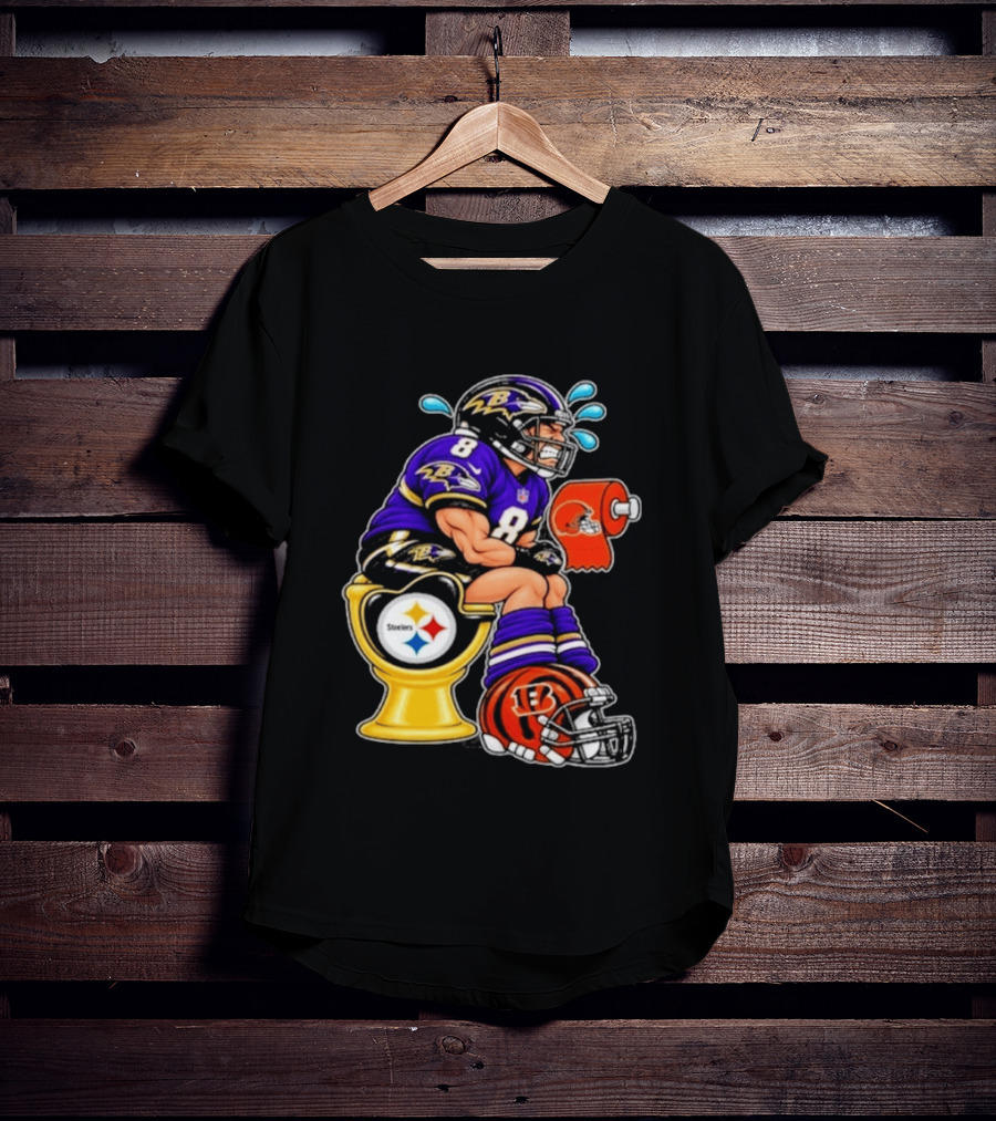 Baltimore Ravens Lamar Jackson On Steelers Toilet With Browns Toilet Paper And Bengals Helmet T-Shirt