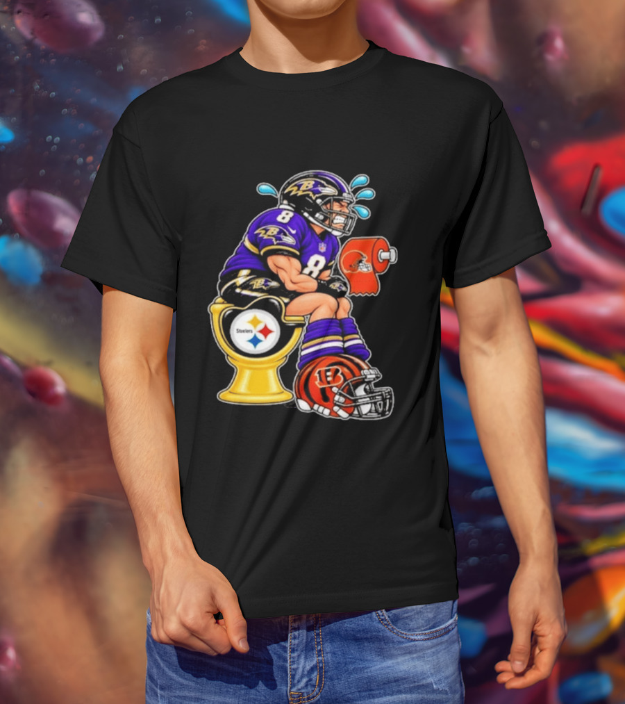 Baltimore Ravens Lamar Jackson On Steelers Toilet With Browns Toilet Paper And Bengals Helmet T-Shirt