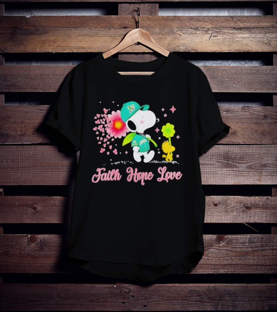 Oakland Athletics Snoopy Woodstock Faith Hope Love Breast Cancer Awareness 2026 T-Shirt