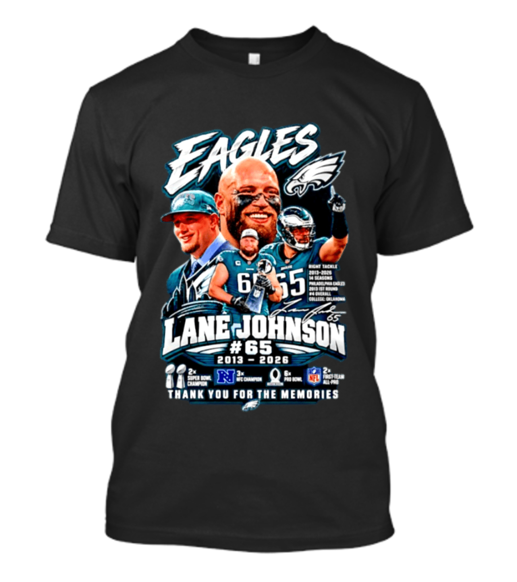 Eagles Lane Johnson #65 Philadelphia NFL Right Tackle 2013 2026 Thank You For The Memories Super Bowl Champion Pro Bowl T-Shirt