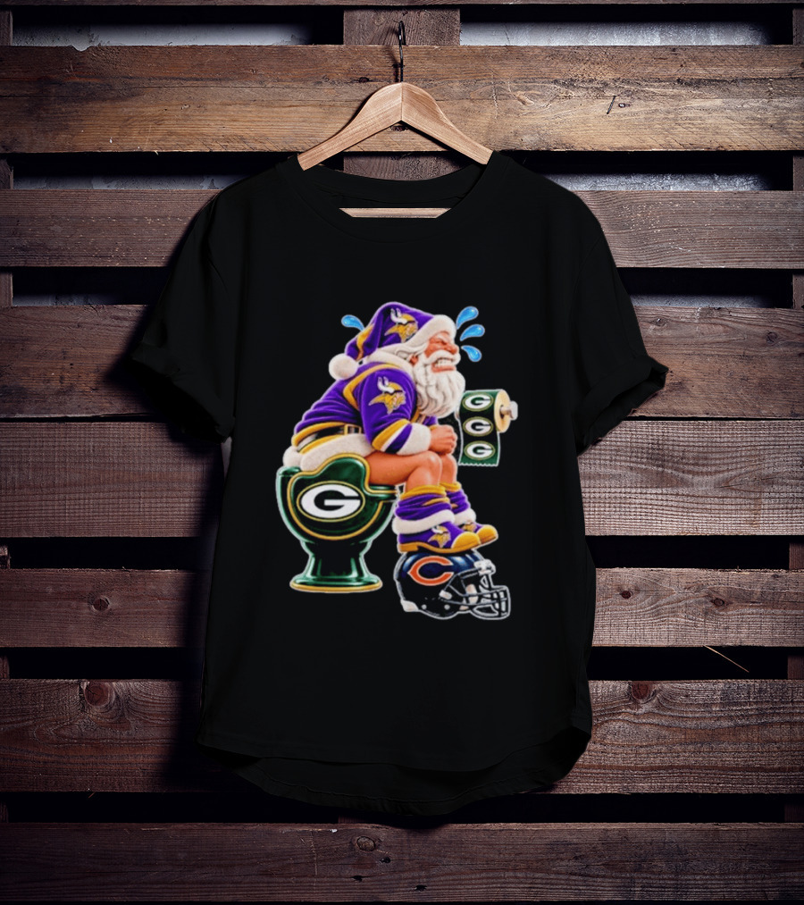 Minnesota Vikings Santa With Green Bay Packers Toilet And Chicago Bears Helmet Christmas Football T-Shirt