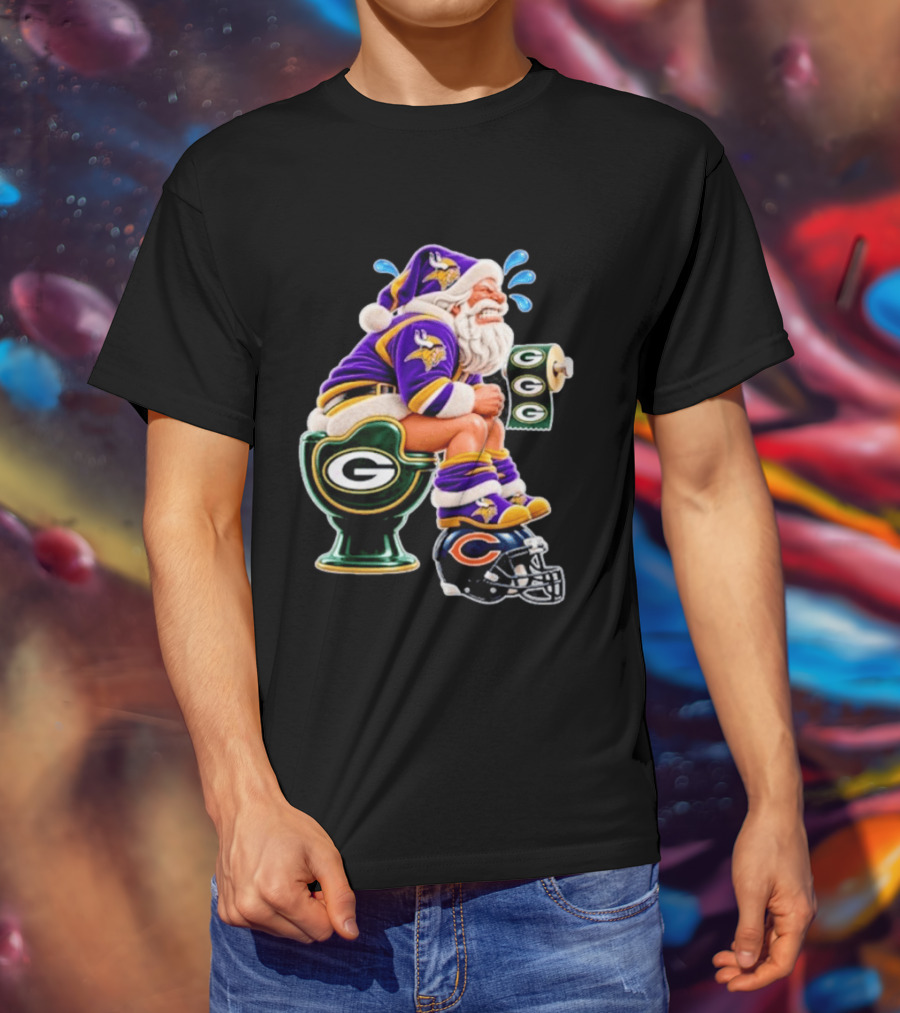 Minnesota Vikings Santa With Green Bay Packers Toilet And Chicago Bears Helmet Christmas Football T-Shirt