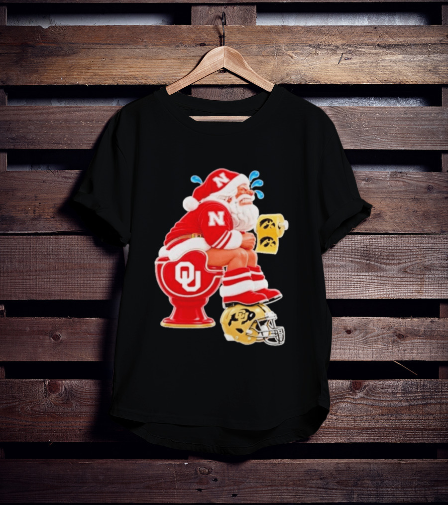 Nebraska Santa On Oklahoma Toilet With Iowa Toilet Paper And Colorado Helmet Football Rivalry Humor T-Shirt
