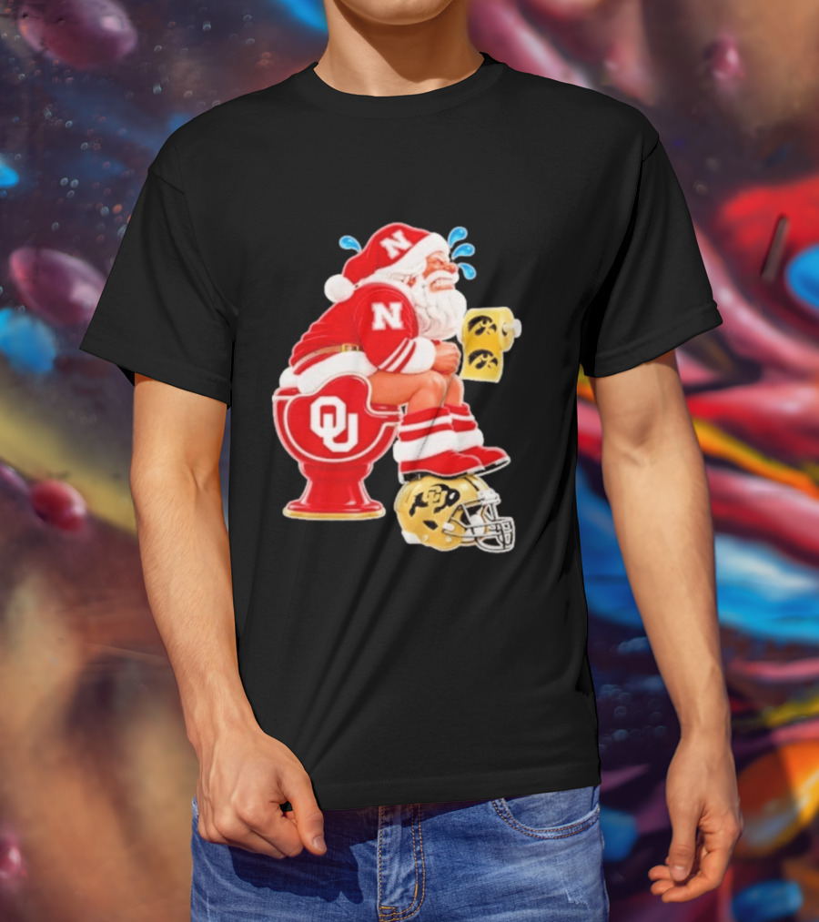 Nebraska Santa On Oklahoma Toilet With Iowa Toilet Paper And Colorado Helmet Football Rivalry Humor T-Shirt