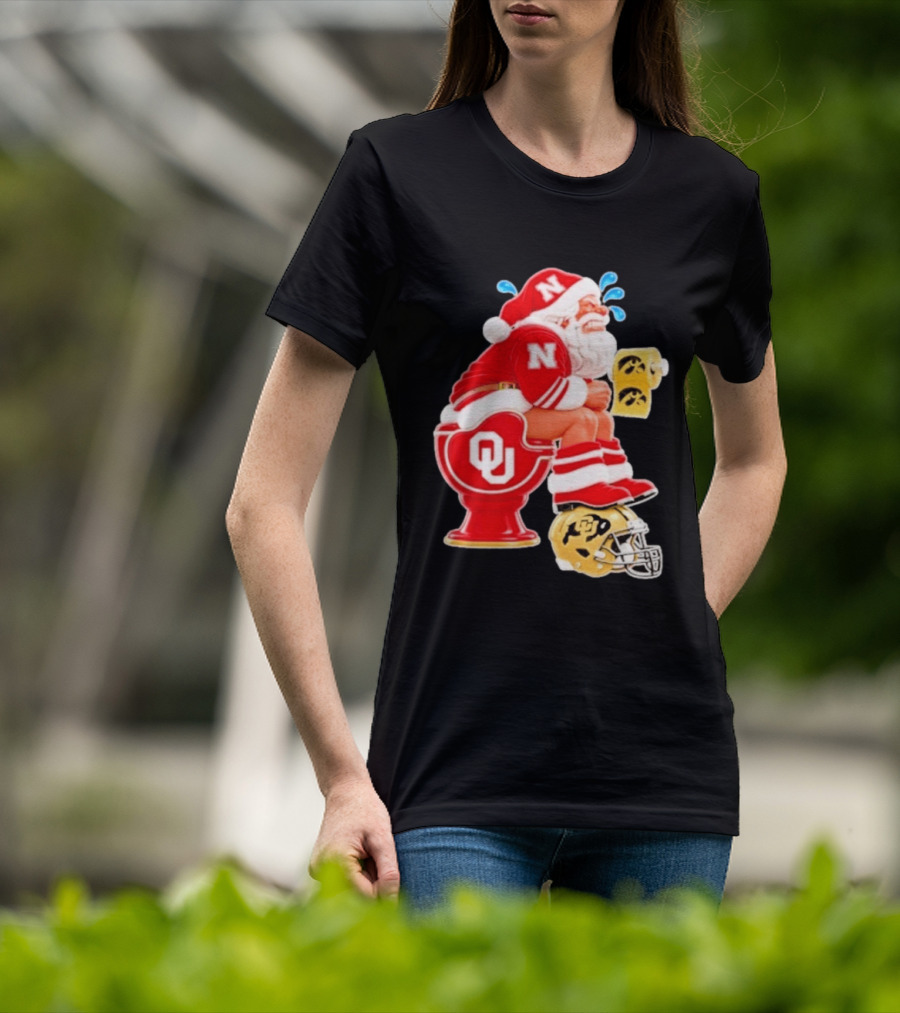 Nebraska Santa On Oklahoma Toilet With Iowa Toilet Paper And Colorado Helmet Football Rivalry Humor T-Shirt