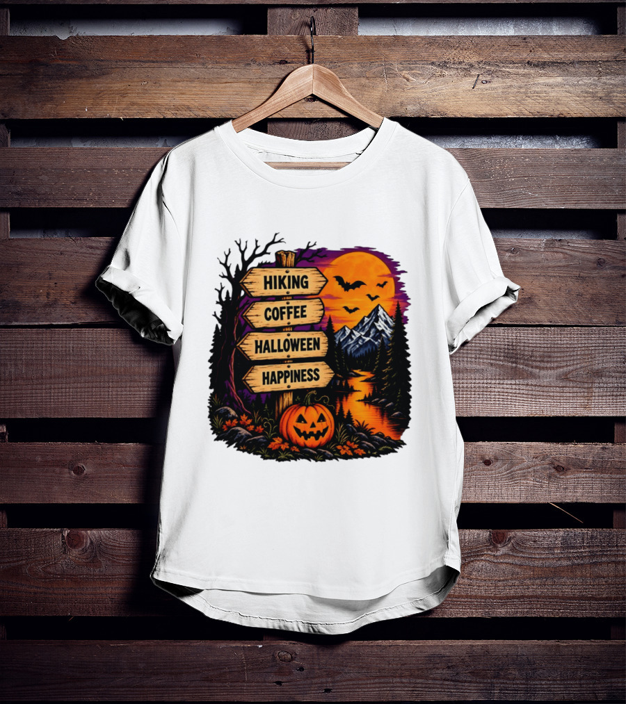 Hiking Coffee Halloween Happiness Fall Season Signpost Scenic Sunset Pumpkin Bats T-Shirt