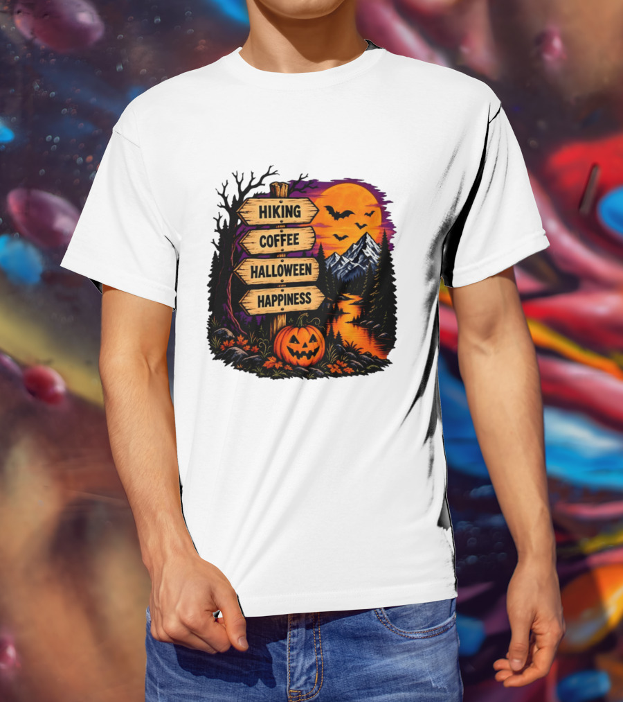 Hiking Coffee Halloween Happiness Fall Season Signpost Scenic Sunset Pumpkin Bats T-Shirt
