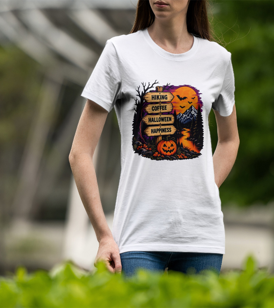 Hiking Coffee Halloween Happiness Fall Season Signpost Scenic Sunset Pumpkin Bats T-Shirt