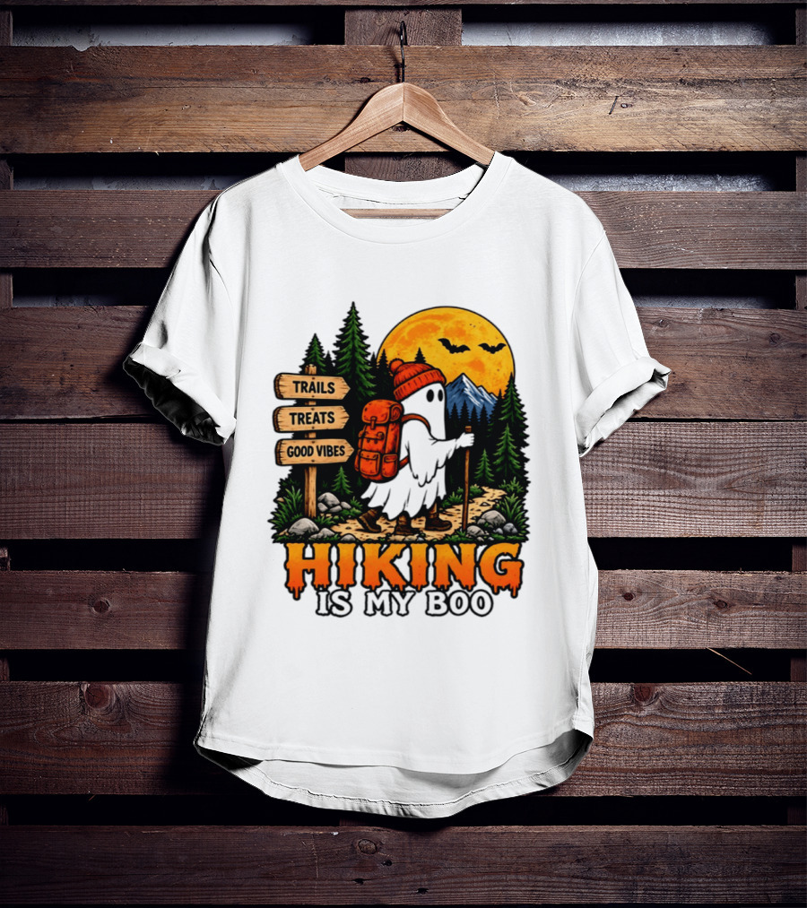 Hiking Is My Boo Ghost Trails Treats Good Vibes Halloween T-Shirt
