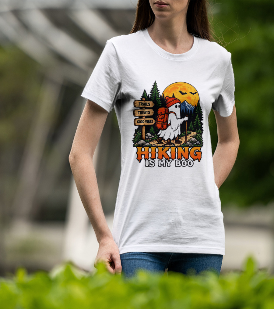 Hiking Is My Boo Ghost Trails Treats Good Vibes Halloween T-Shirt