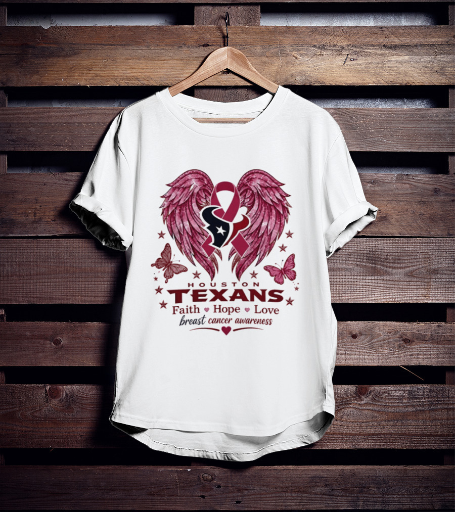 Houston Texans Breast Cancer Awareness Faith Hope Love Wings T-Shirt