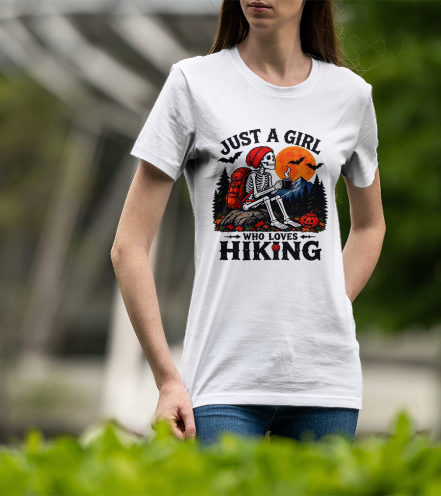 Just A Girl Who Loves Hiking Skeleton Autumn Halloween Pumpkin Bats And Coffee T-Shirt