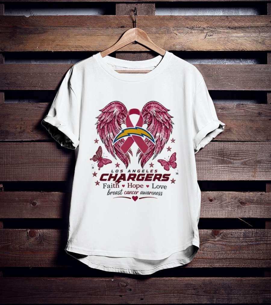 Los Angeles Chargers Breast Cancer Awareness Faith Hope Love Wings Ribbon Butterflies T-Shirt