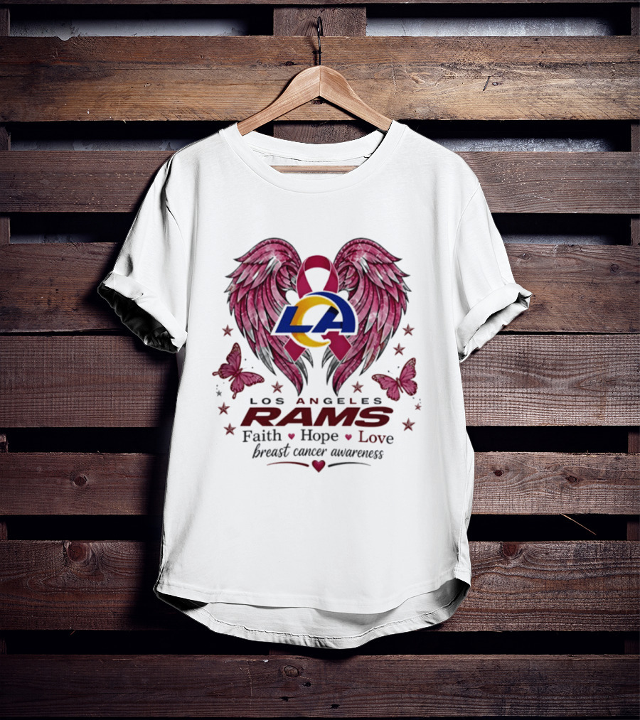 Los Angeles Rams Breast Cancer Awareness Faith Hope Love Wings And Butterflies T-Shirt