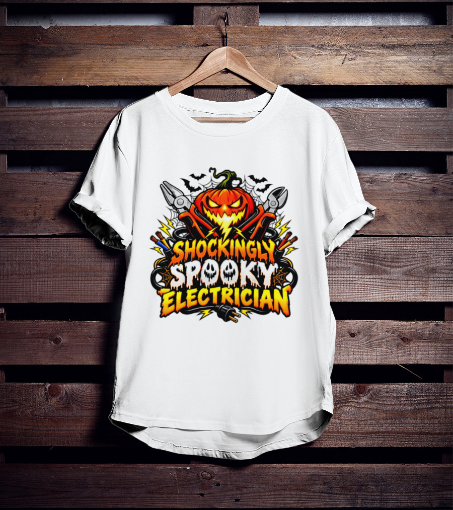 Shockingly Spooky Electrician Pumpkin Halloween Pliers And Bats T-Shirt