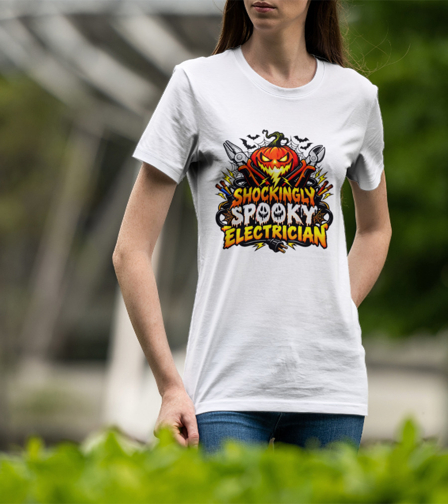 Shockingly Spooky Electrician Pumpkin Halloween Pliers And Bats T-Shirt