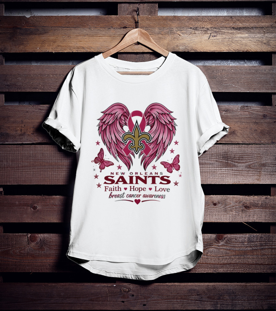 New Orleans Saints Breast Cancer Awareness Faith Hope Love Wings T-Shirt