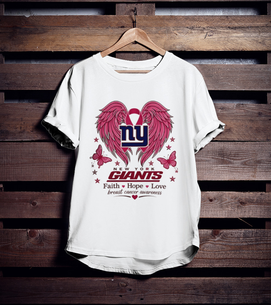 New York Giants Breast Cancer Awareness Faith Hope Love Pink Wings Ribbon T-Shirt