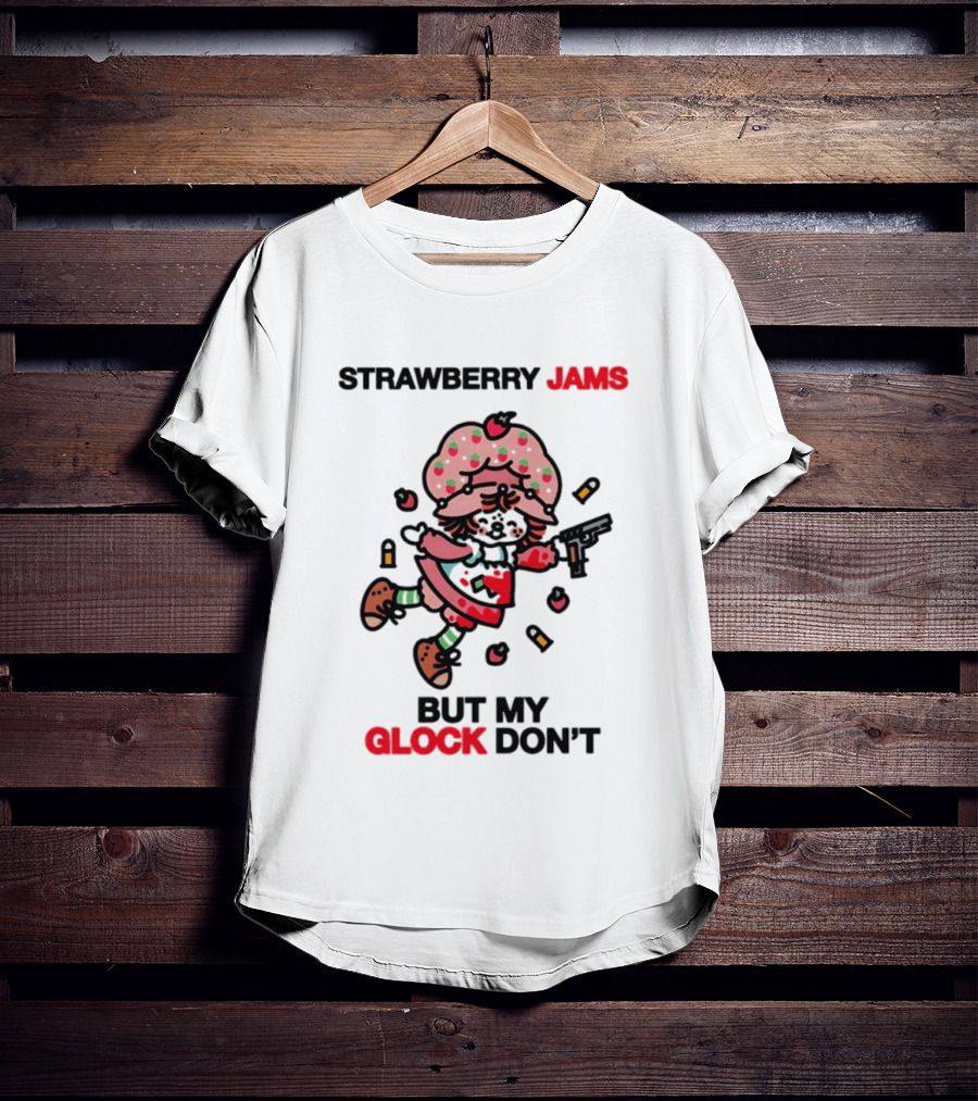 Strawberry Jams But My Glock Don't Cartoon Character With Pink Frosted Hat And Pistol T-Shirt