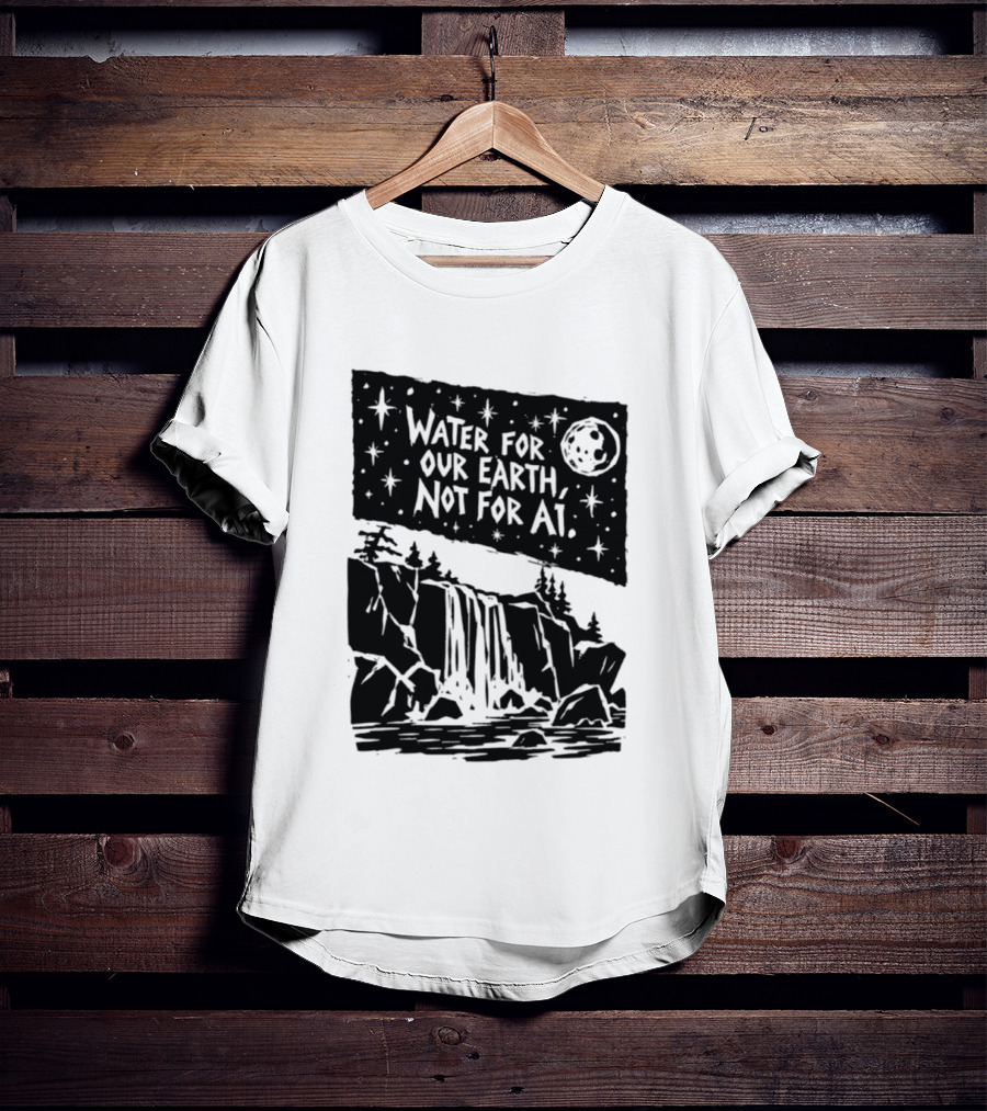 Water For Our Earth Not For AI Moonlit Waterfall Environmental Message T-Shirt