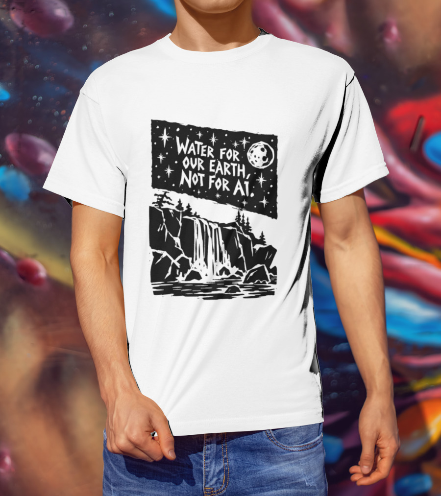 Water For Our Earth Not For AI Moonlit Waterfall Environmental Message T-Shirt