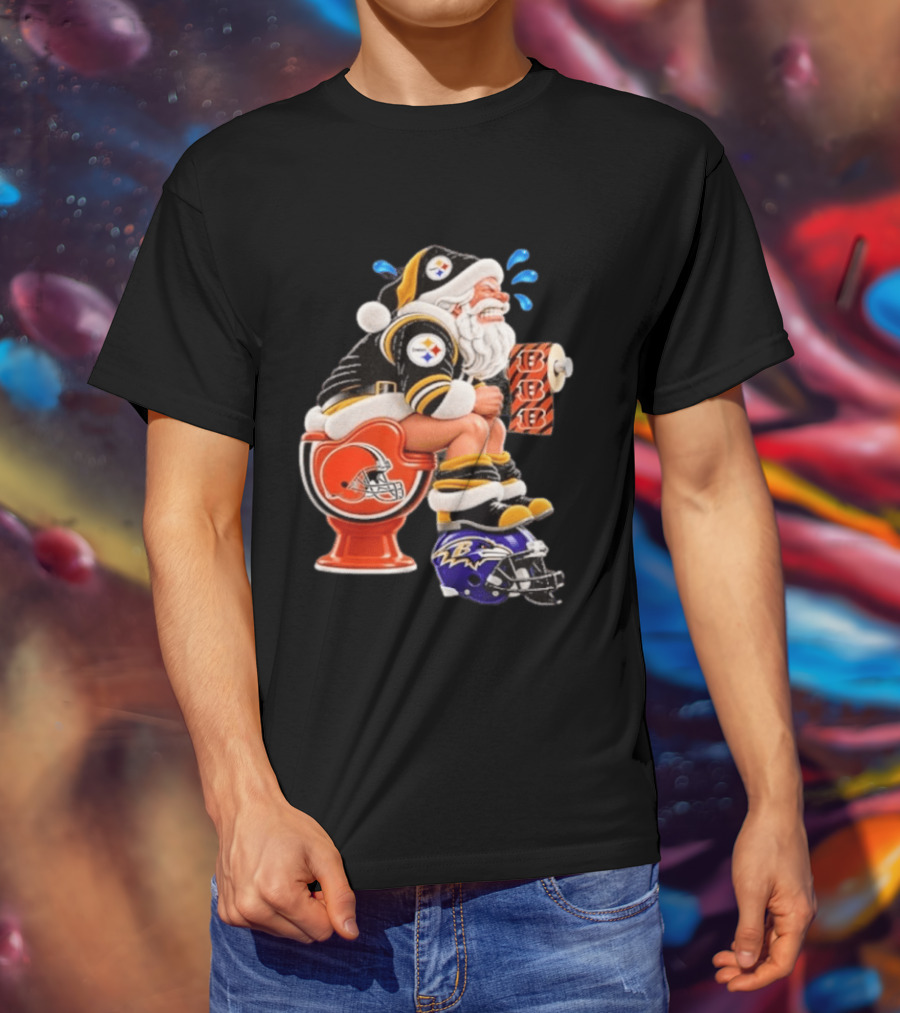 Pittsburgh Steelers Santa Christmas Cleveland Browns Toilet Baltimore Ravens Helmet Cincinnati Bengals Toilet Paper Football T-Shirt
