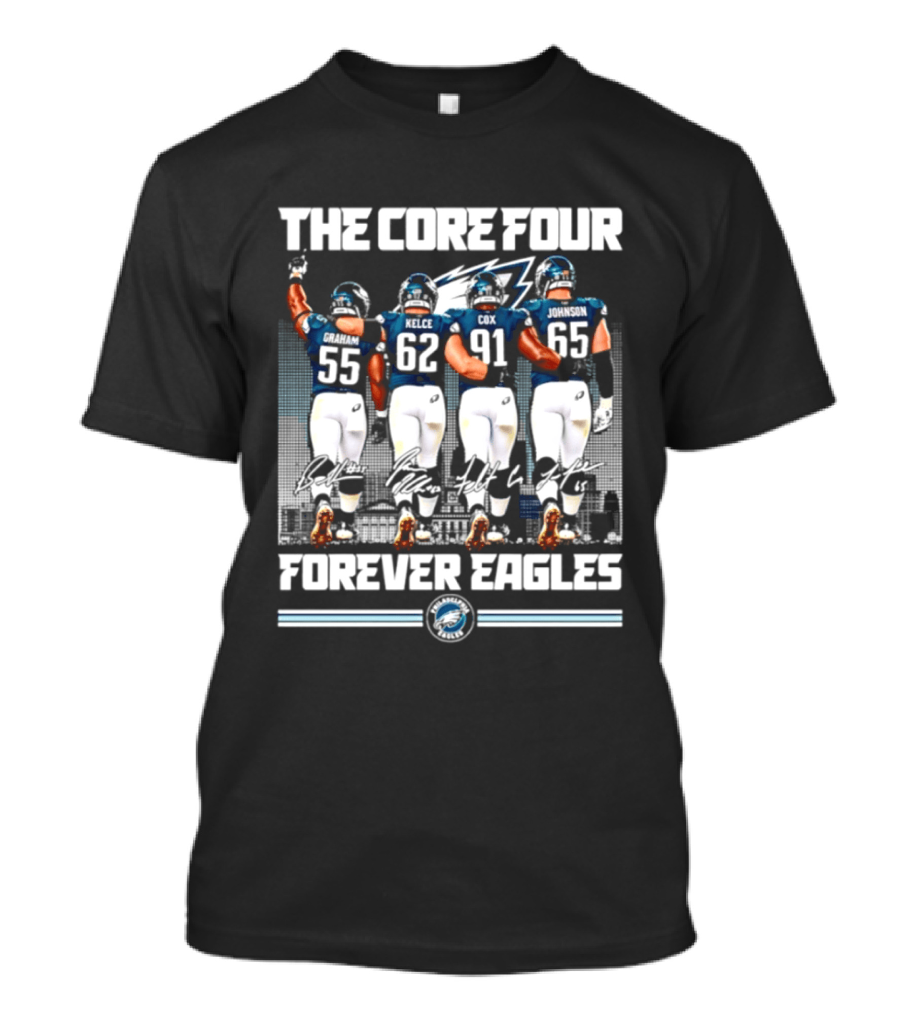 Philadelphia Eagles The Core Four Jenkins Kelce Cox Johnson Forever Legends Skyline Signatures T-Shirt