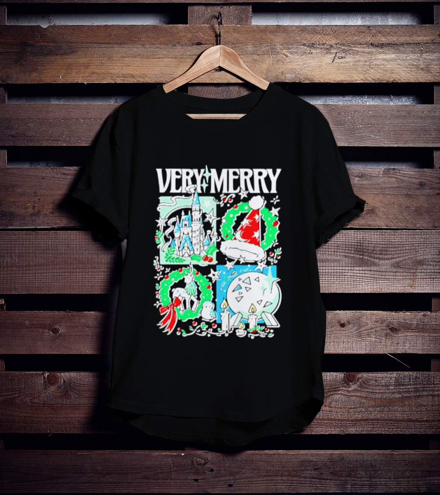Very Merry 2026 Christmas Disney Castle Holiday Wreath And Santa Hat Candles T-Shirt