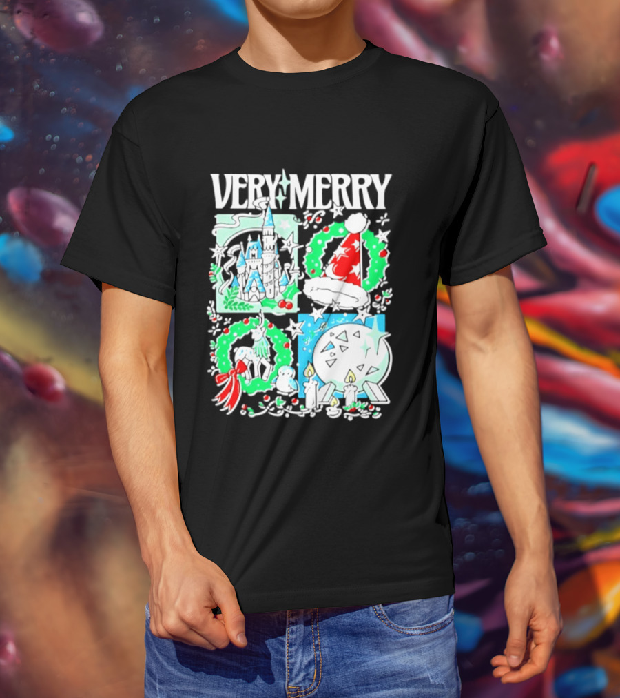 Very Merry 2026 Christmas Disney Castle Holiday Wreath And Santa Hat Candles T-Shirt