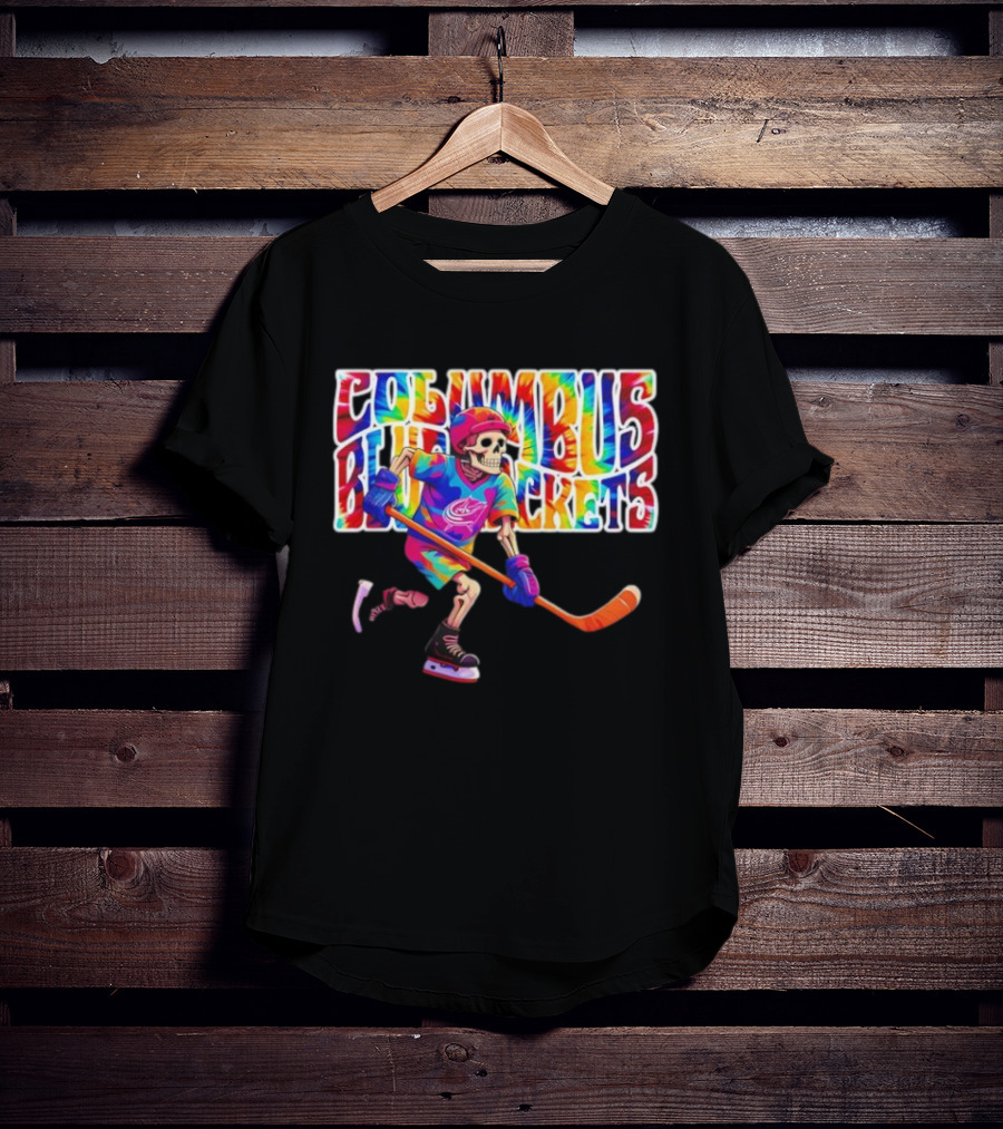 Columbus Blue Jackets Grateful Dead Tie-Dye Skeleton Hockey Player T-Shirt