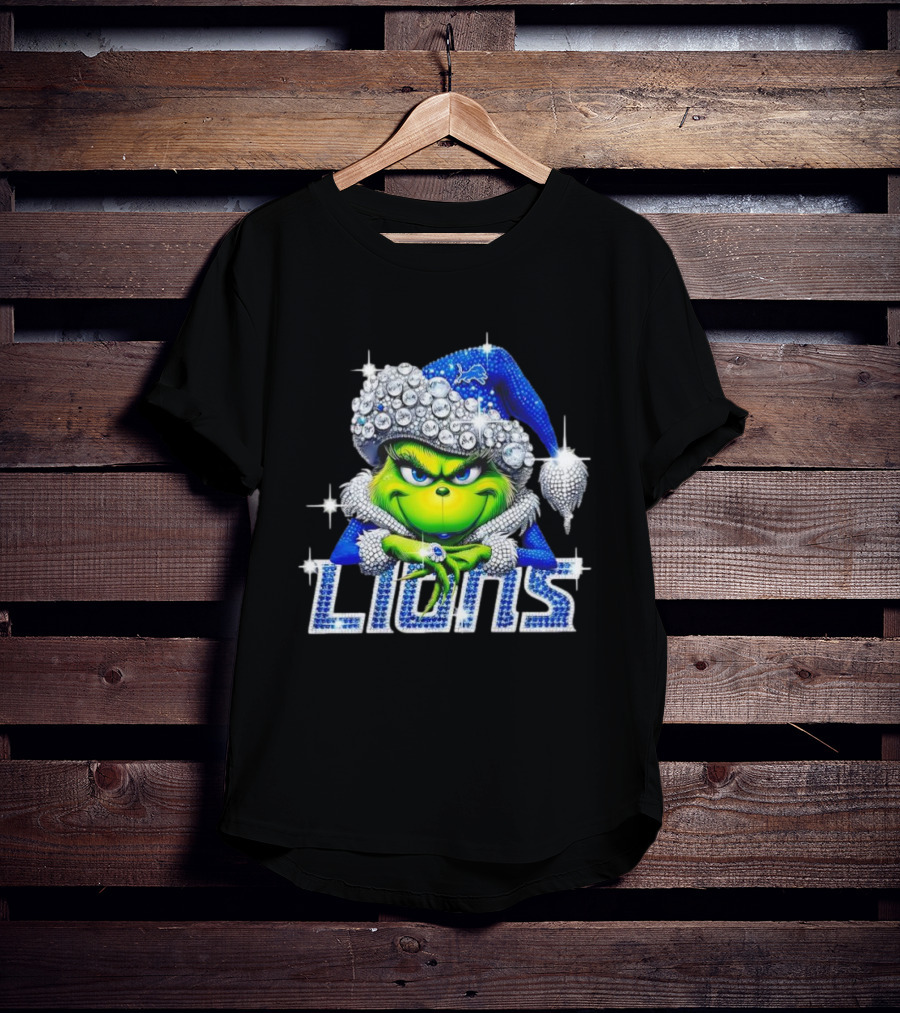 Detroit Lions Grinch Bling Santa Hat Christmas T-Shirt
