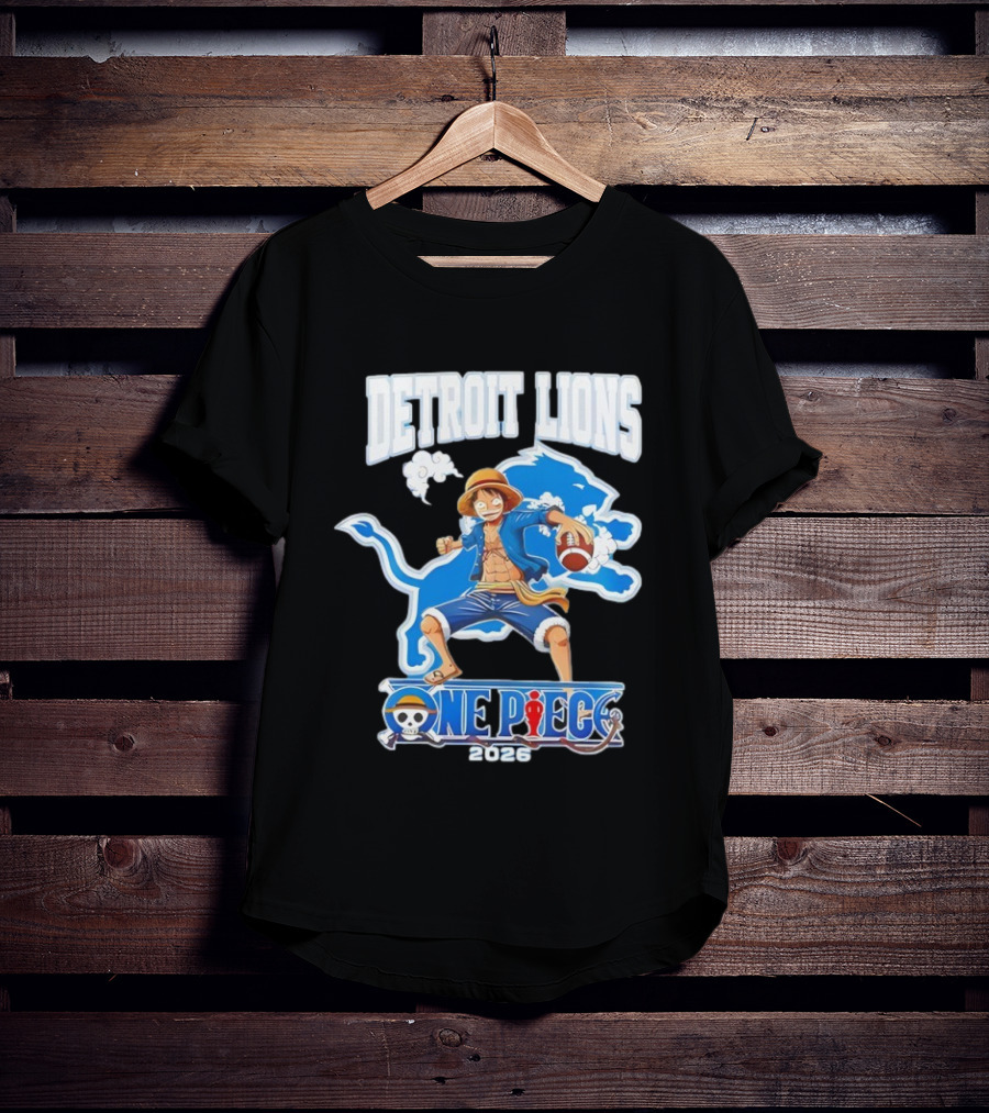 Detroit Lions One Piece Collaboration 2026 Luffy Crossover Football T-Shirt