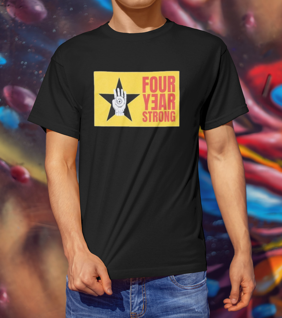 Four Year Strong Star With Hand Eye Symbol On Yellow Background T-Shirt