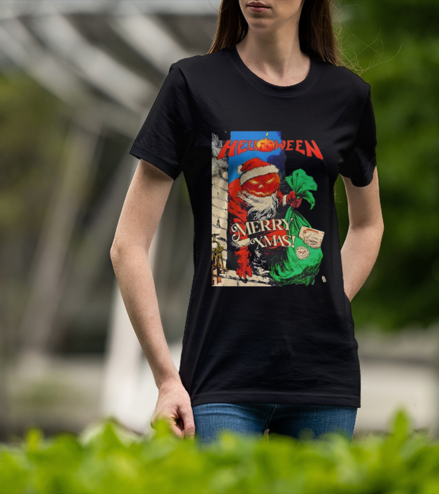Helloween Merry Xmas Pumpkin Santa Halloween Christmas Fusion T-Shirt
