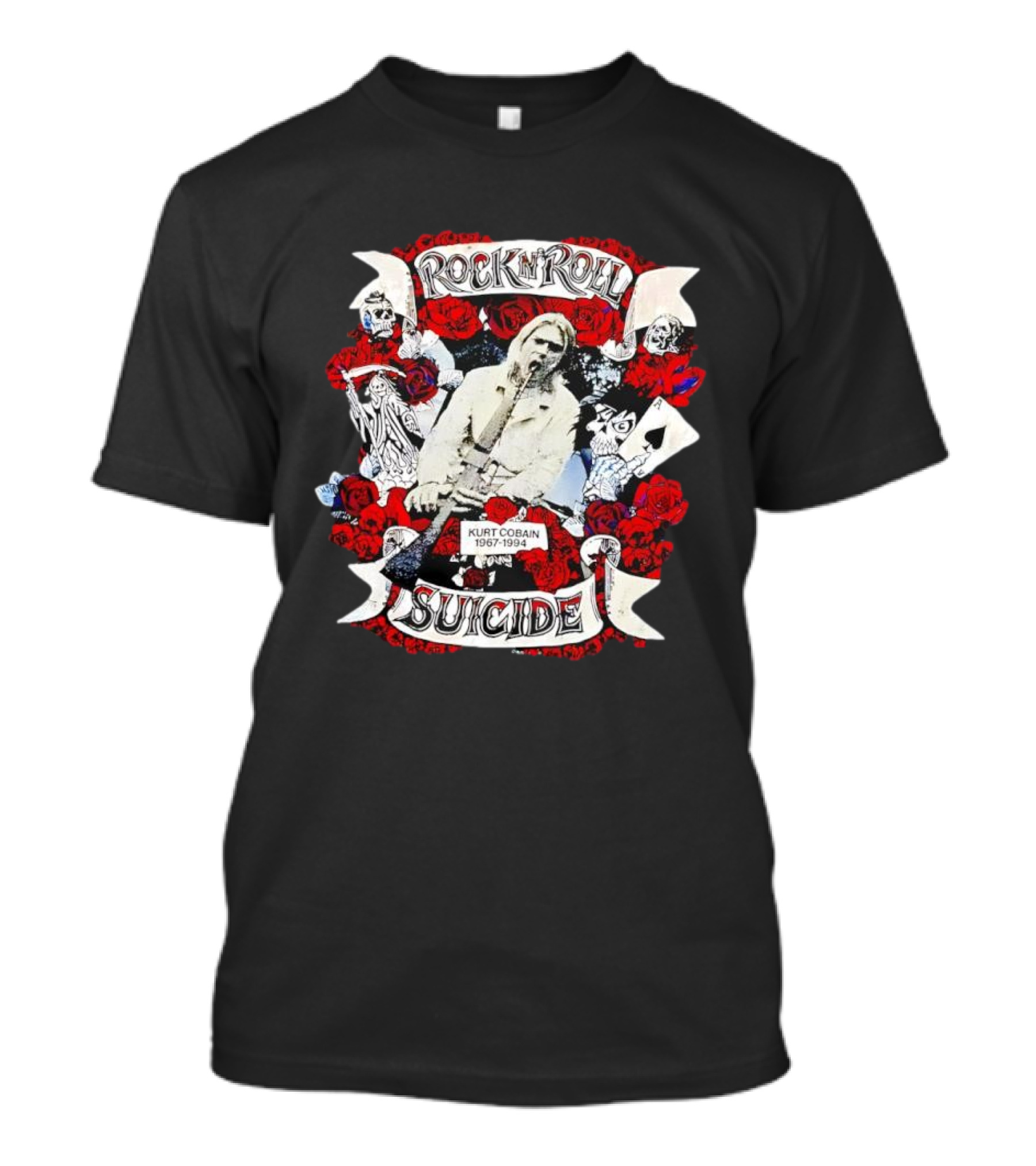 Kurt Cobain Rock N Roll Suicide 1967 1994 Roses And Cards T-Shirt
