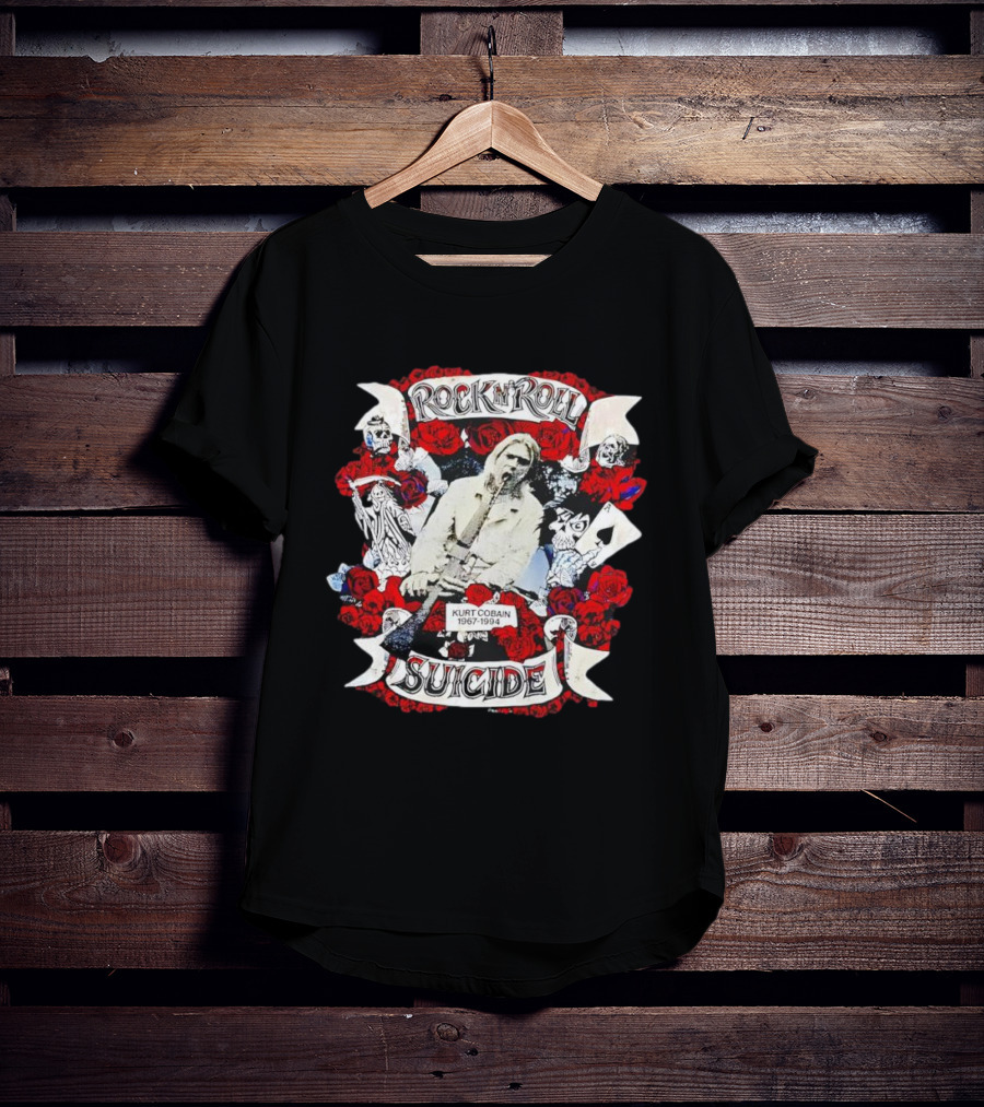 Kurt Cobain Rock N Roll Suicide 1967 1994 Roses And Cards T-Shirt