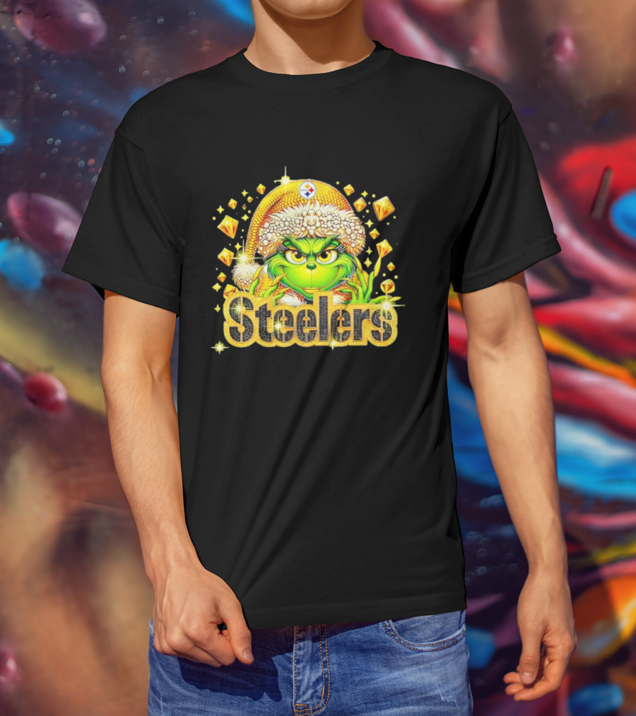 Pittsburgh Steelers Grinch Christmas Bling Santa Hat Holiday Merchandise T-Shirt