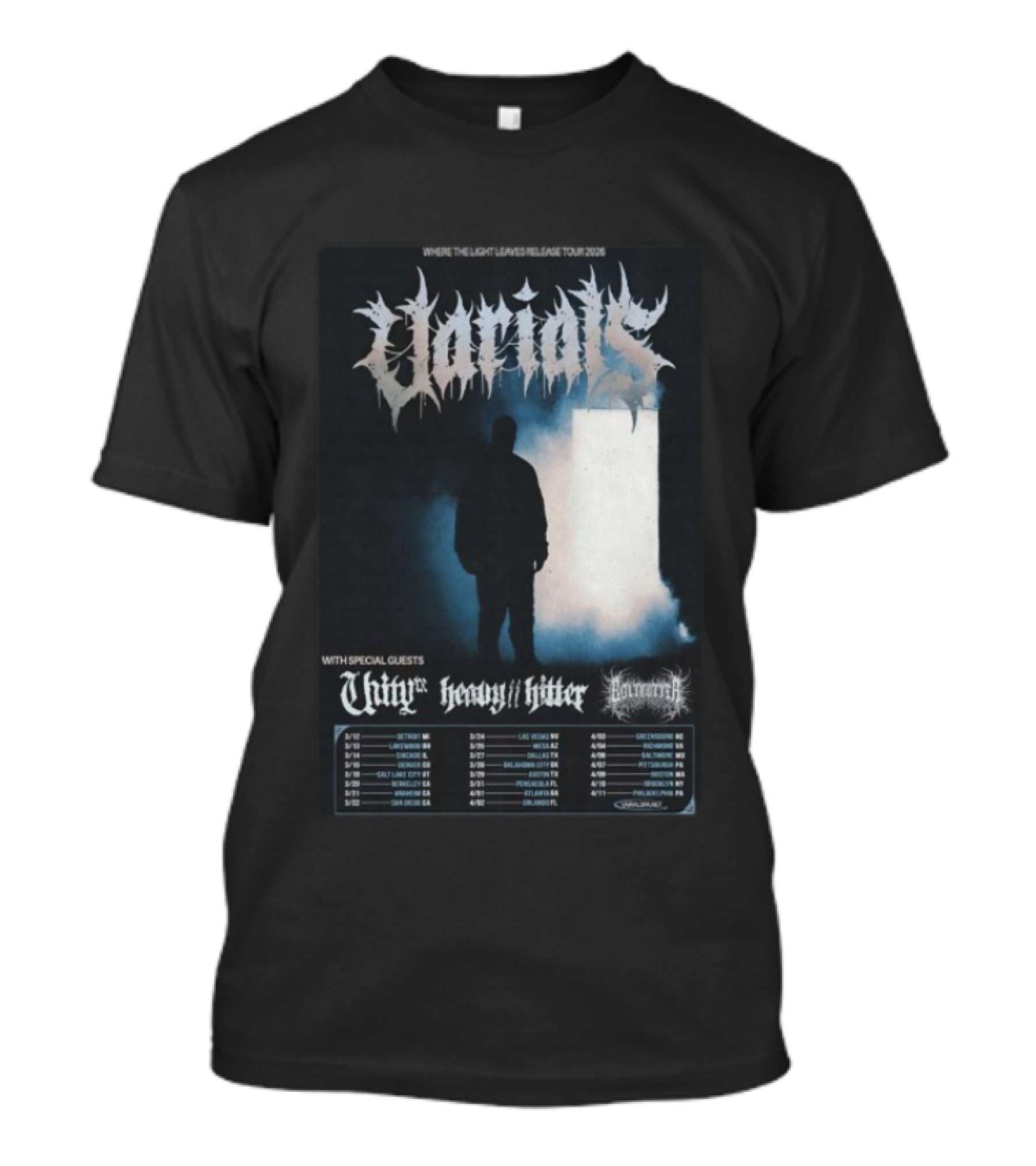 Varials Where The Light Leaves Release Tour 2026 With Special Guests Unity Heavy Hitter Dates And Locations T-Shirt