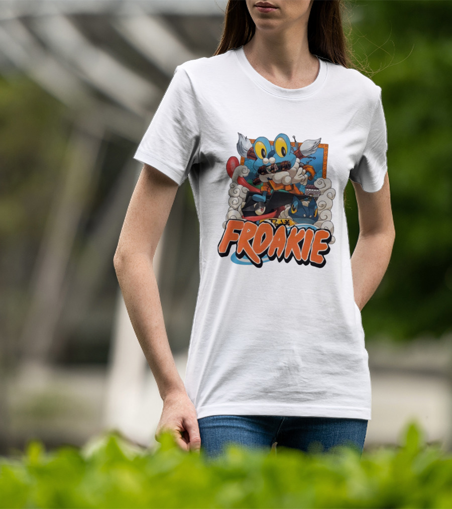 Froakie Ninja Adventure With Playful Clouds And Energetic Vibes T-Shirt
