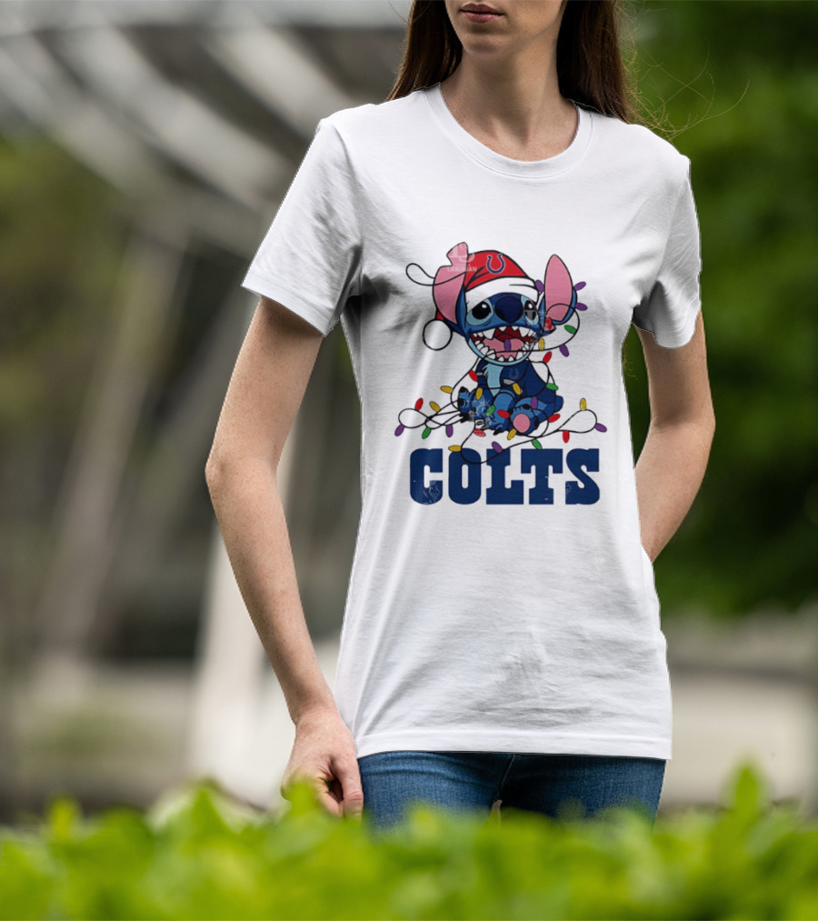 Indianapolis Colts Stitch Christmas Lights NFL Fan Art T-Shirt
