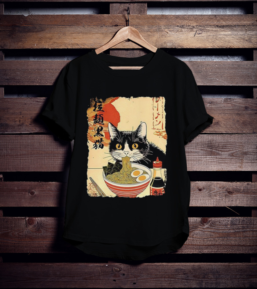 Japanese Black Cat Ramen Ukiyo E Retro Style With Kanji T-Shirt