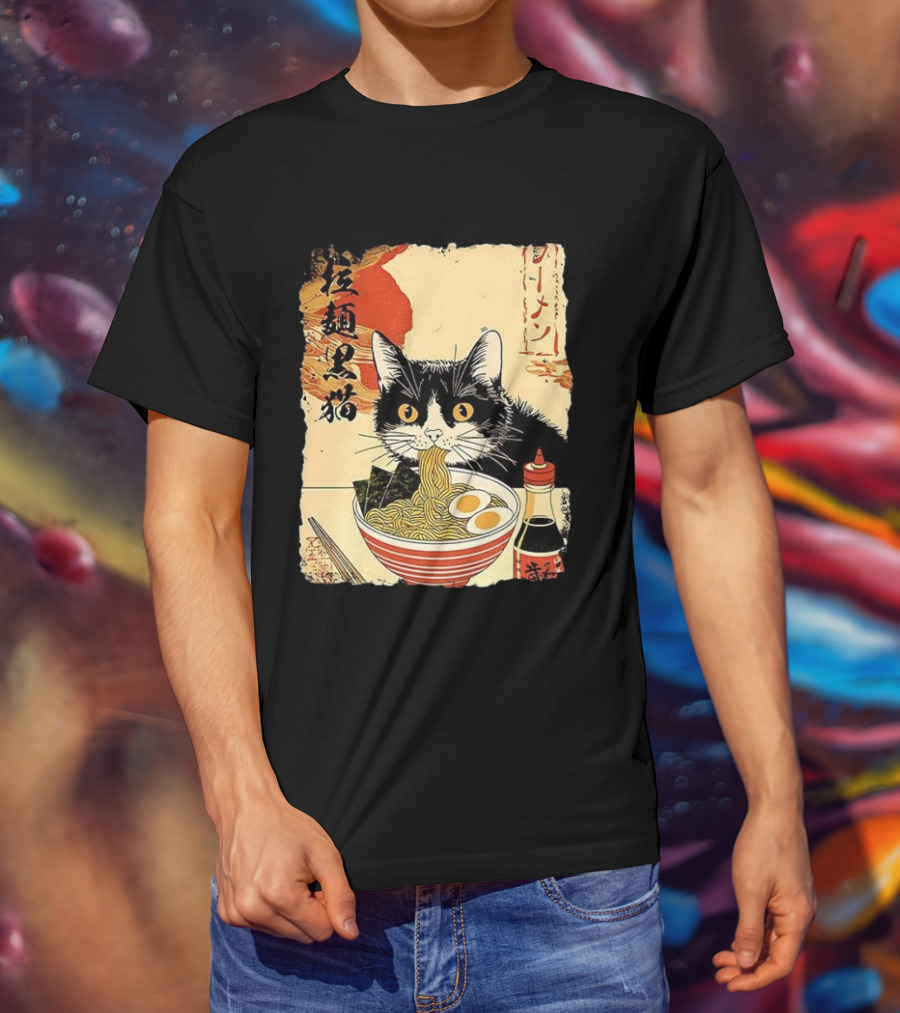 Japanese Black Cat Ramen Ukiyo E Retro Style With Kanji T-Shirt