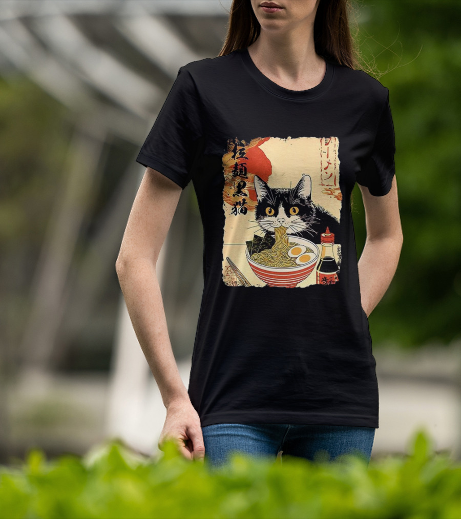 Japanese Black Cat Ramen Ukiyo E Retro Style With Kanji T-Shirt