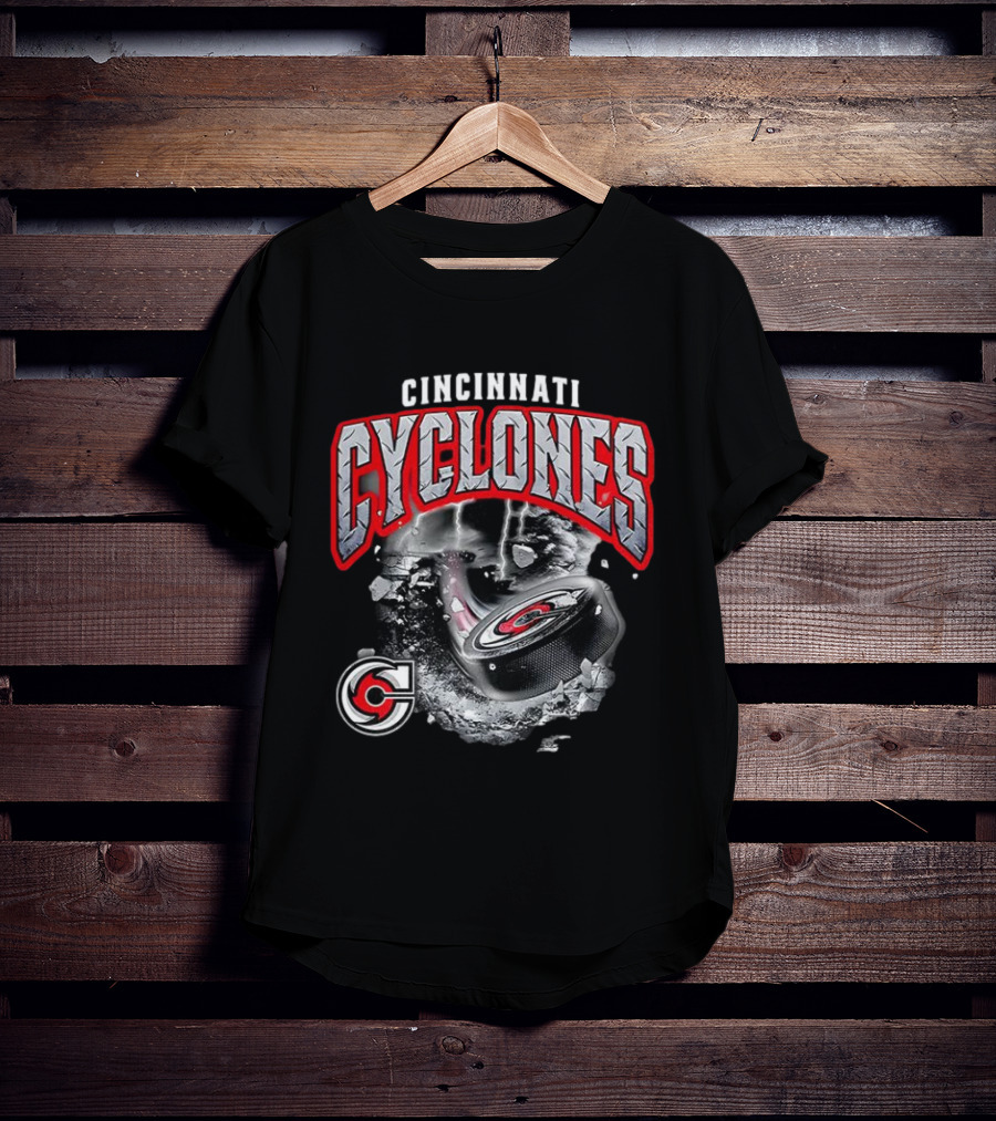Cincinnati Cyclones Ice Hockey Storm Warning Puck Shattering Ice T-Shirt
