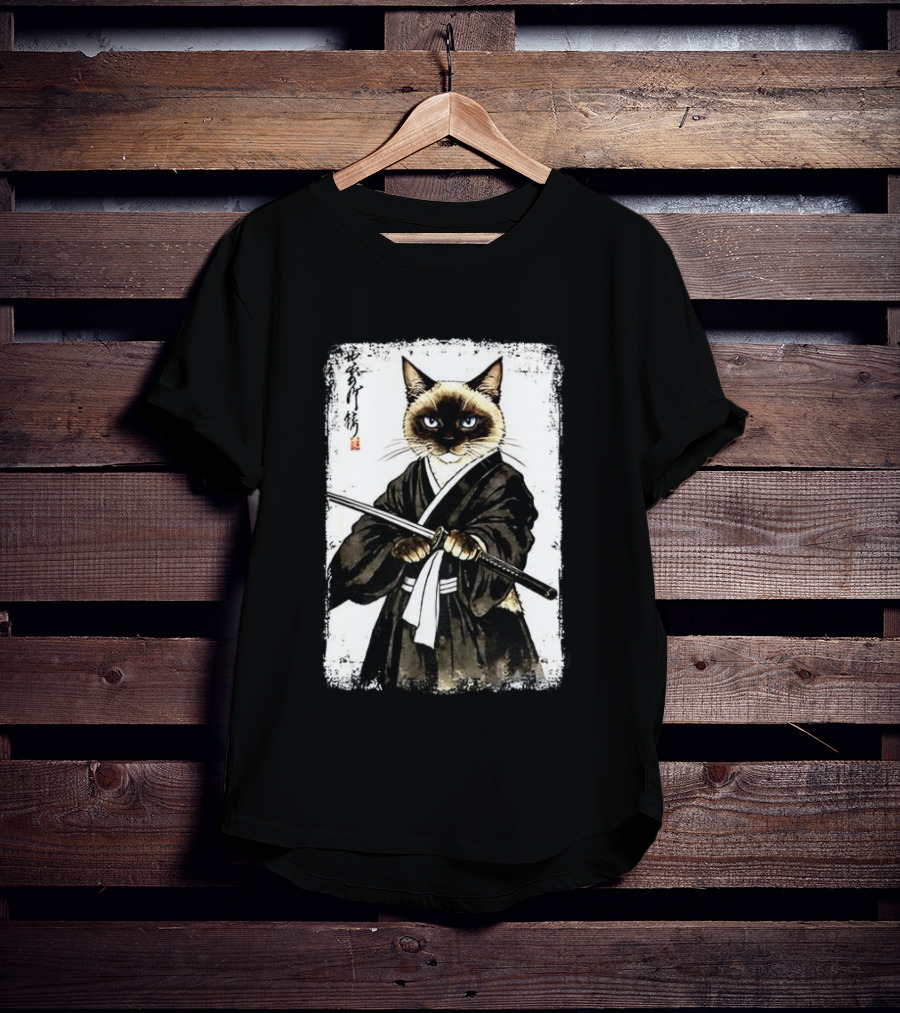Siamese Cat Samurai Warrior Japanese Vantage Painting Kanji T-Shirt